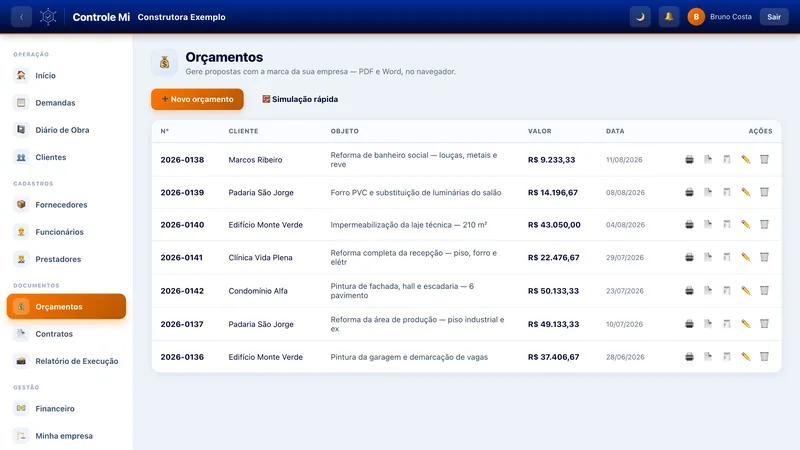 Tela de orçamentos, com as propostas emitidas e o valor de cada uma